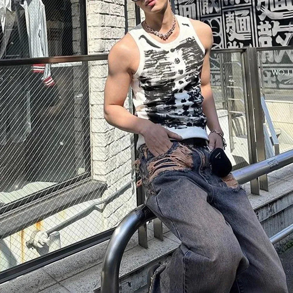 Aidase Mens Street Tie-Dye Tight-Fitting Sports Vest Genderless Sexy Fashion Youth Trendy Casual Printed Comfortable Vest Unisex