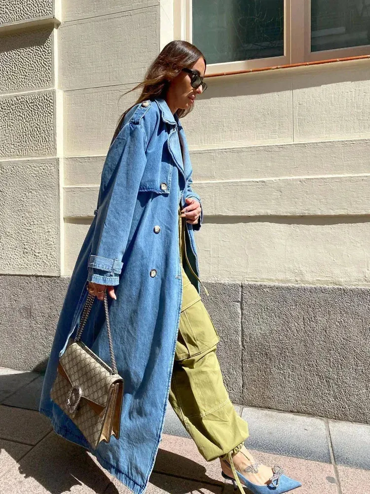 binfenxie X-Long Denim Trench Coats For Women Belt On Waist Slim Jean Coats Ladies Jaqueta Feminina Blue Jean Jacket Woman