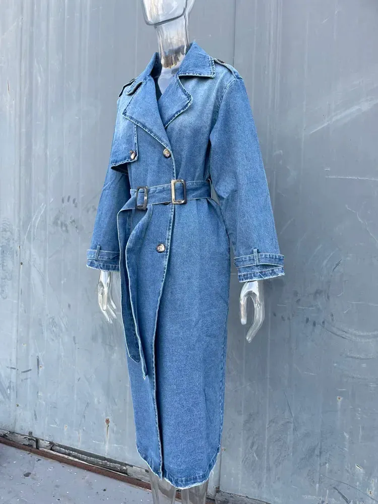 binfenxie X-Long Denim Trench Coats For Women Belt On Waist Slim Jean Coats Ladies Jaqueta Feminina Blue Jean Jacket Woman