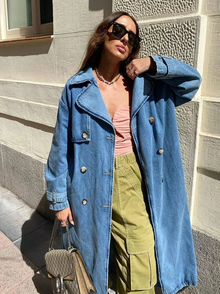binfenxie X-Long Denim Trench Coats For Women Belt On Waist Slim Jean Coats Ladies Jaqueta Feminina Blue Jean Jacket Woman
