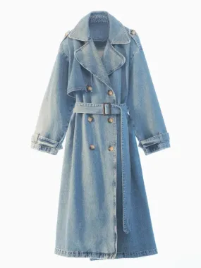 binfenxie X-Long Denim Trench Coats For Women Belt On Waist Slim Jean Coats Ladies Jaqueta Feminina Blue Jean Jacket Woman