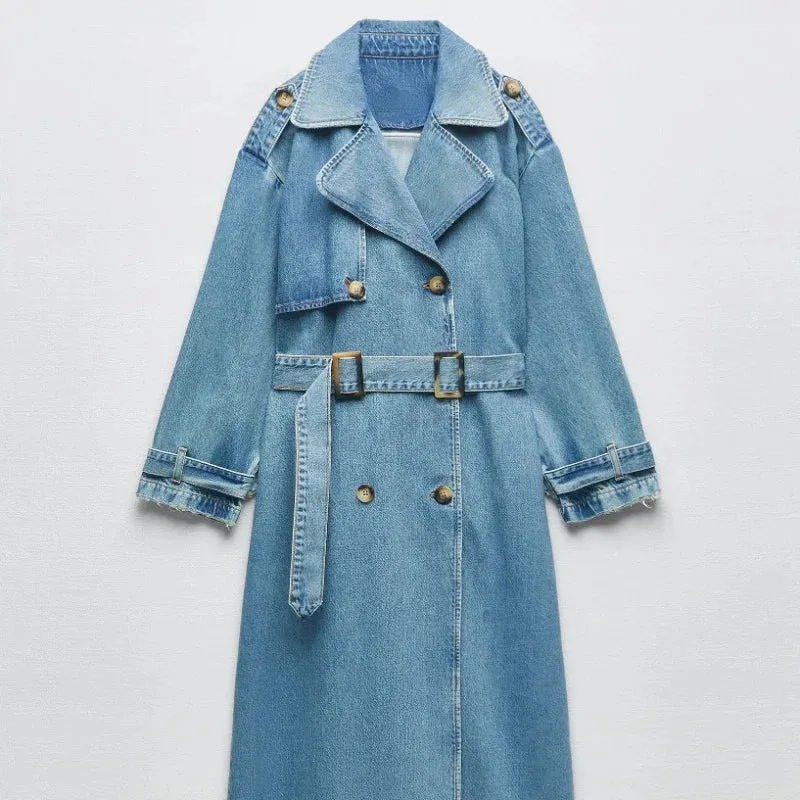 binfenxie X-Long Denim Trench Coats For Women Belt On Waist Slim Jean Coats Ladies Jaqueta Feminina Blue Jean Jacket Woman