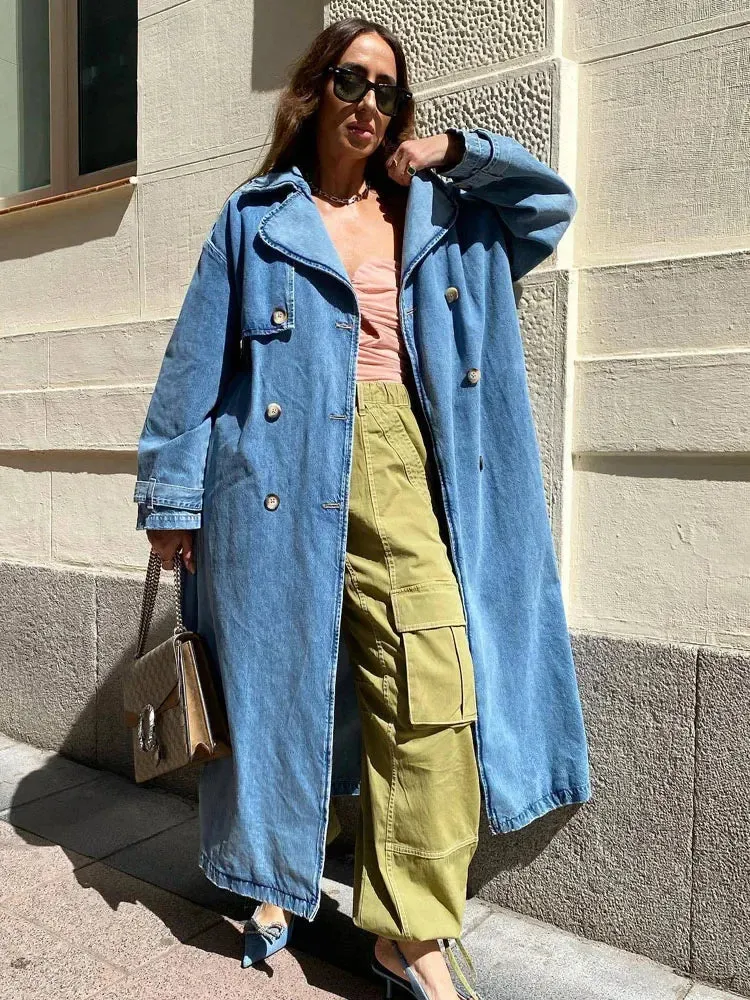 binfenxie X-Long Denim Trench Coats For Women Belt On Waist Slim Jean Coats Ladies Jaqueta Feminina Blue Jean Jacket Woman