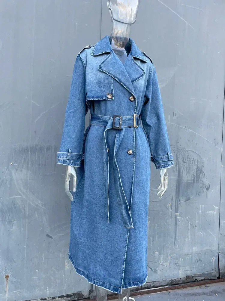 binfenxie X-Long Denim Trench Coats For Women Belt On Waist Slim Jean Coats Ladies Jaqueta Feminina Blue Jean Jacket Woman