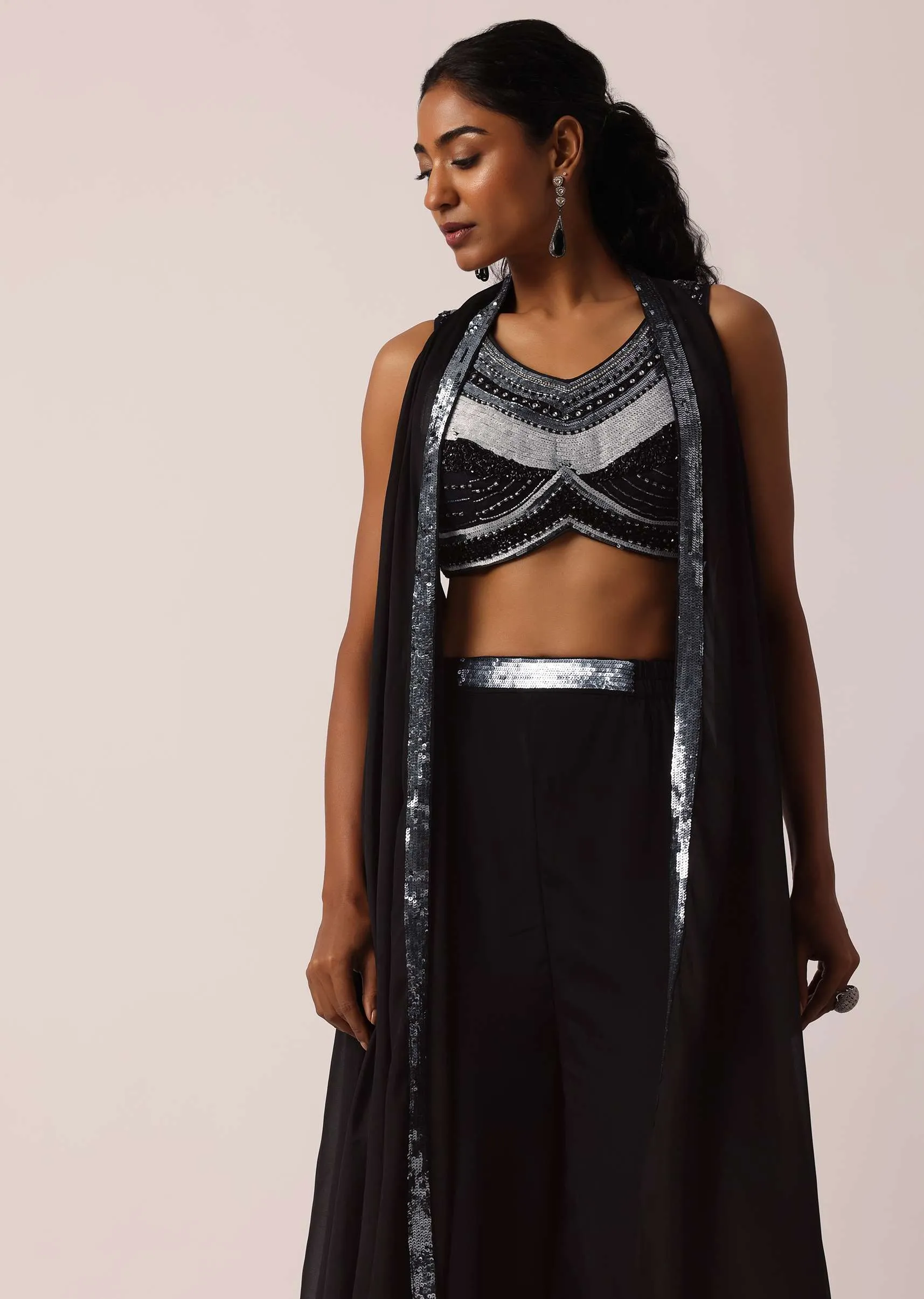 Black Hand Embellished Jacket And Palazzo Set