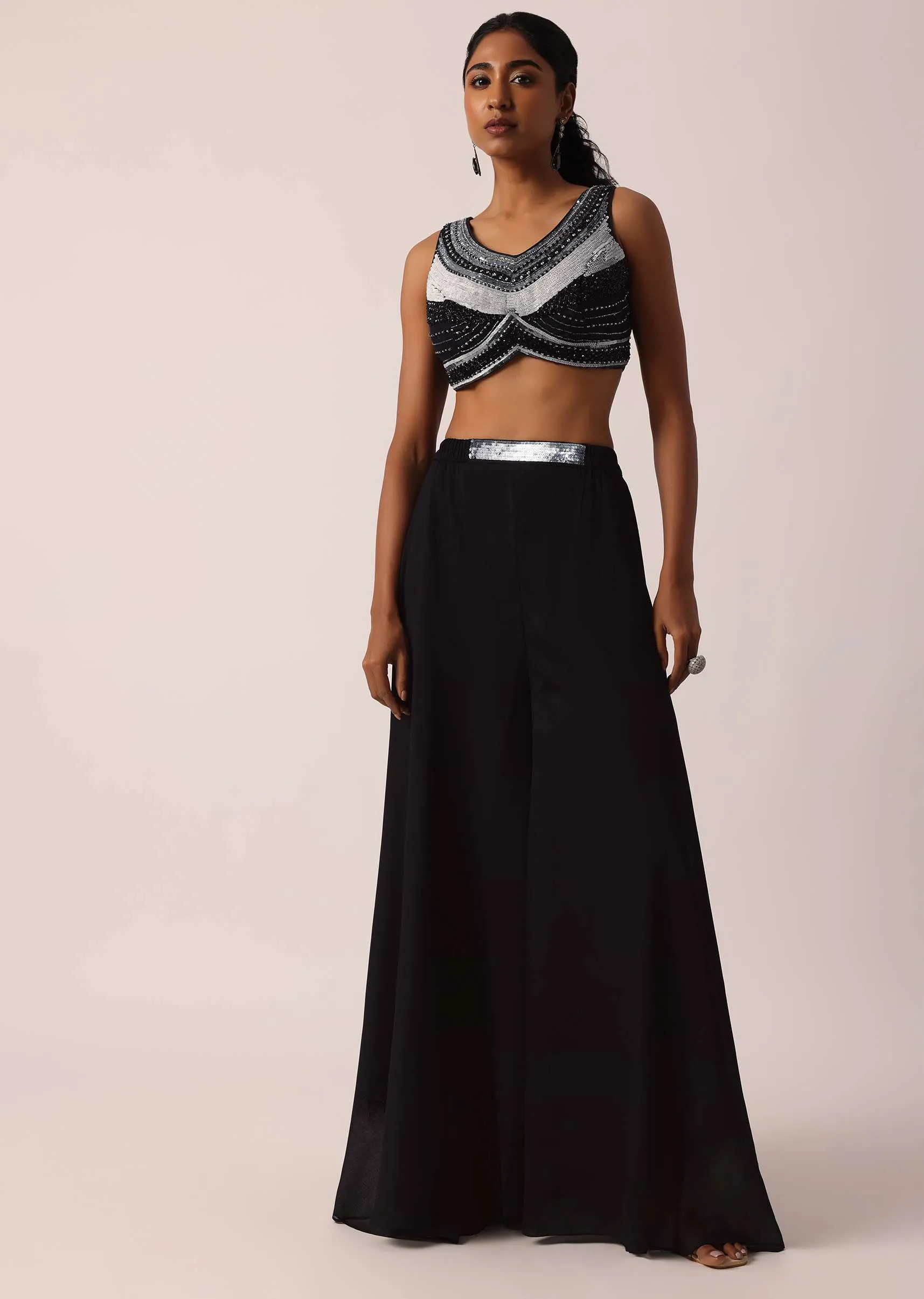 Black Hand Embellished Jacket And Palazzo Set
