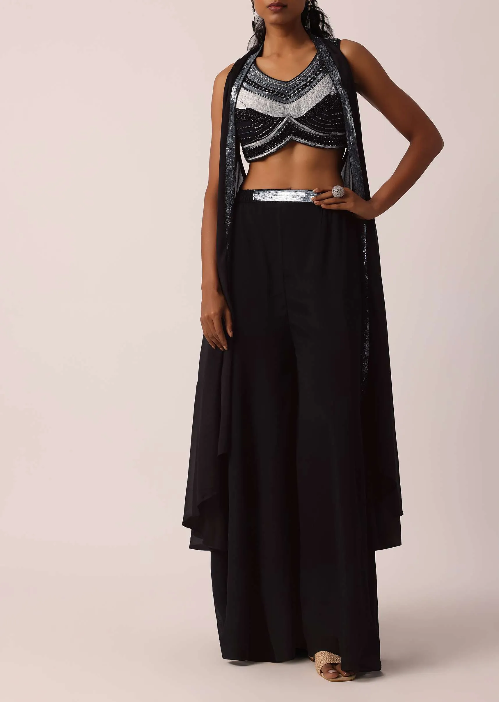 Black Hand Embellished Jacket And Palazzo Set