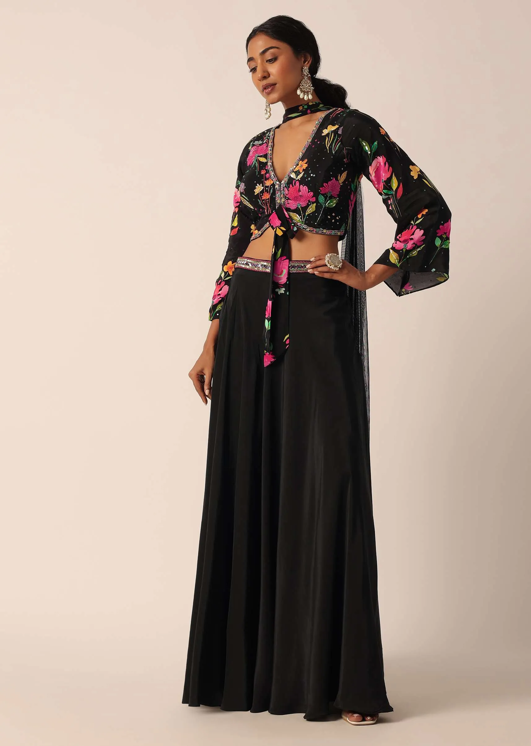 Black Indo Fusion Floral Print Blouse And Palazzo Set