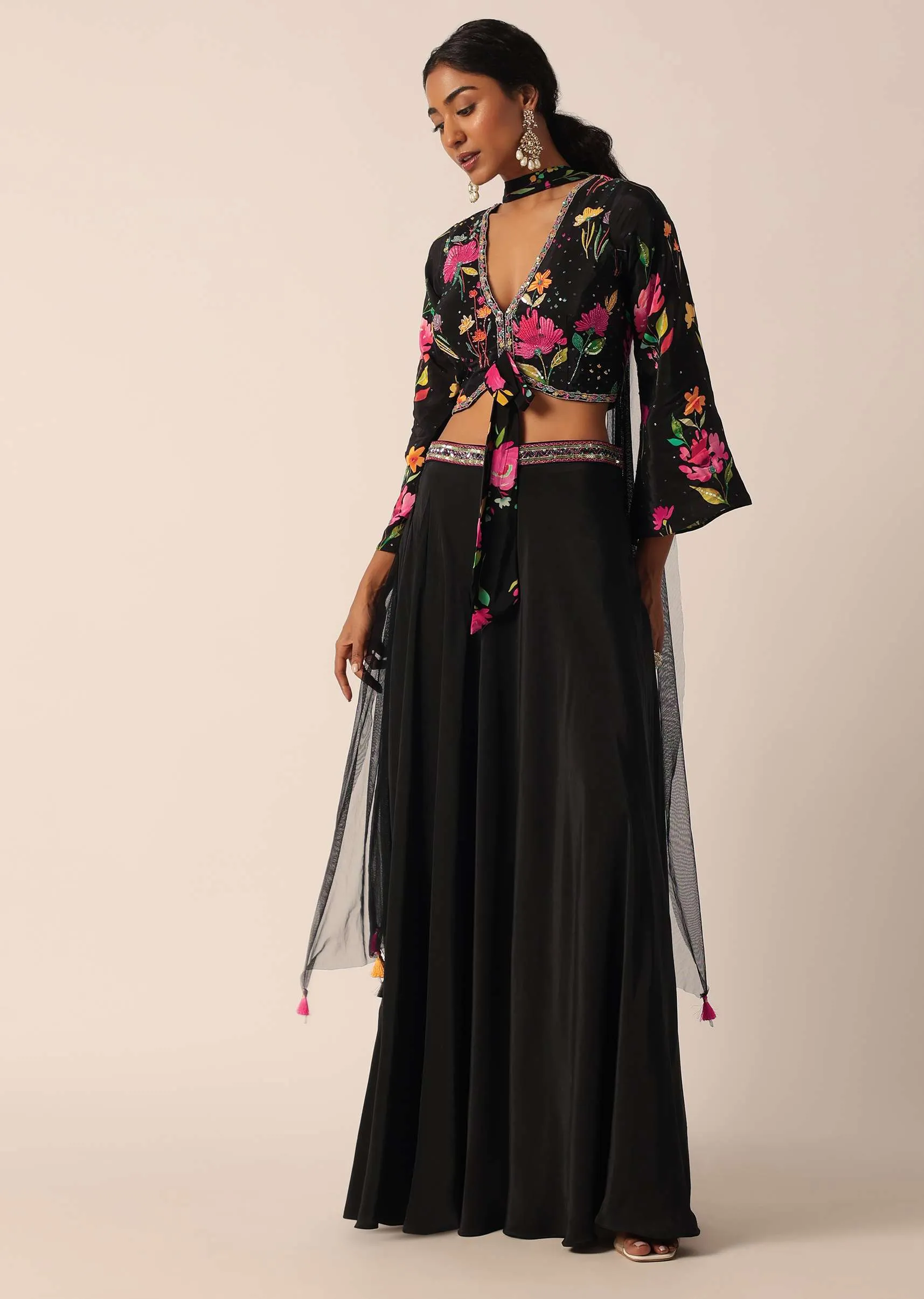 Black Indo Fusion Floral Print Blouse And Palazzo Set