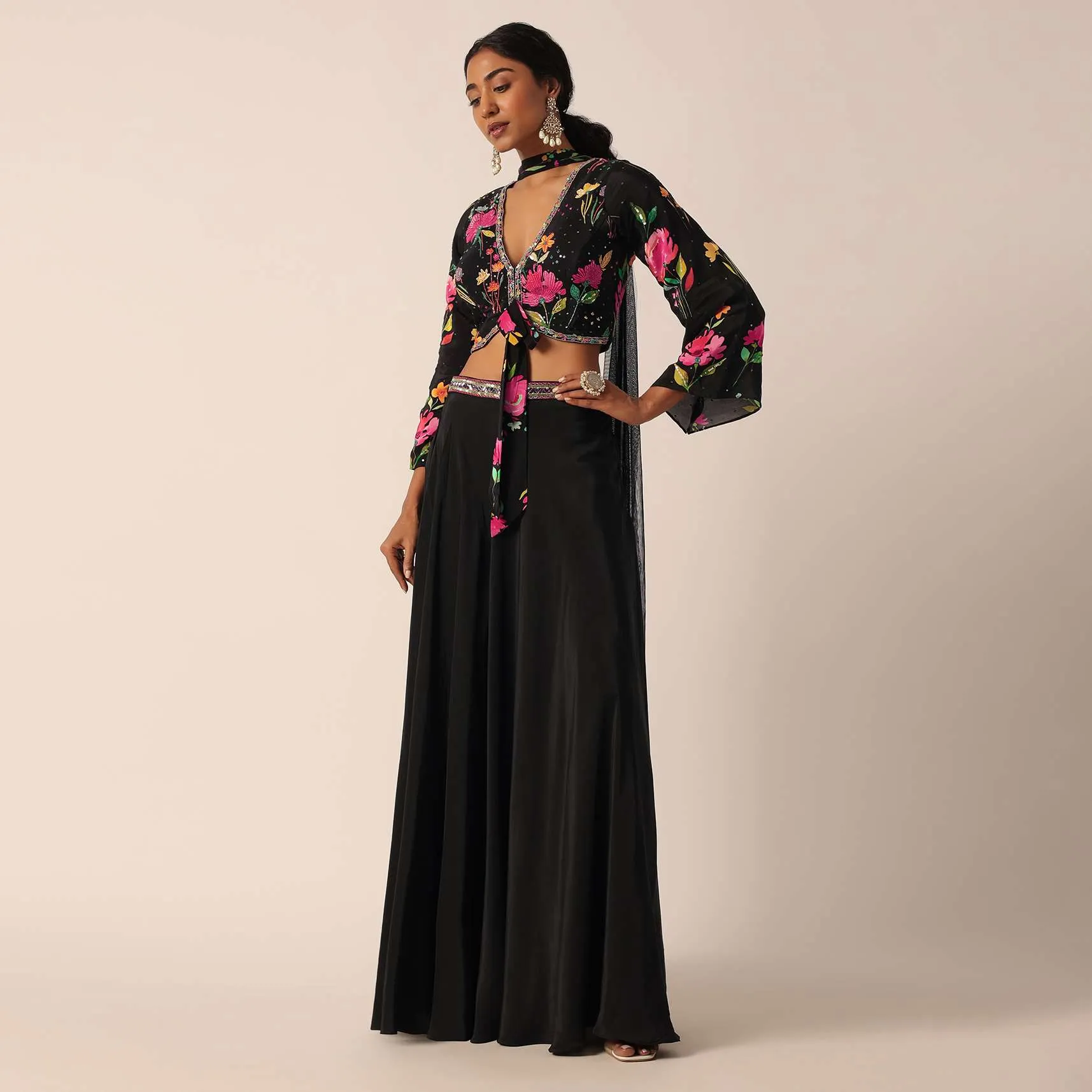 Black Indo Fusion Floral Print Blouse And Palazzo Set