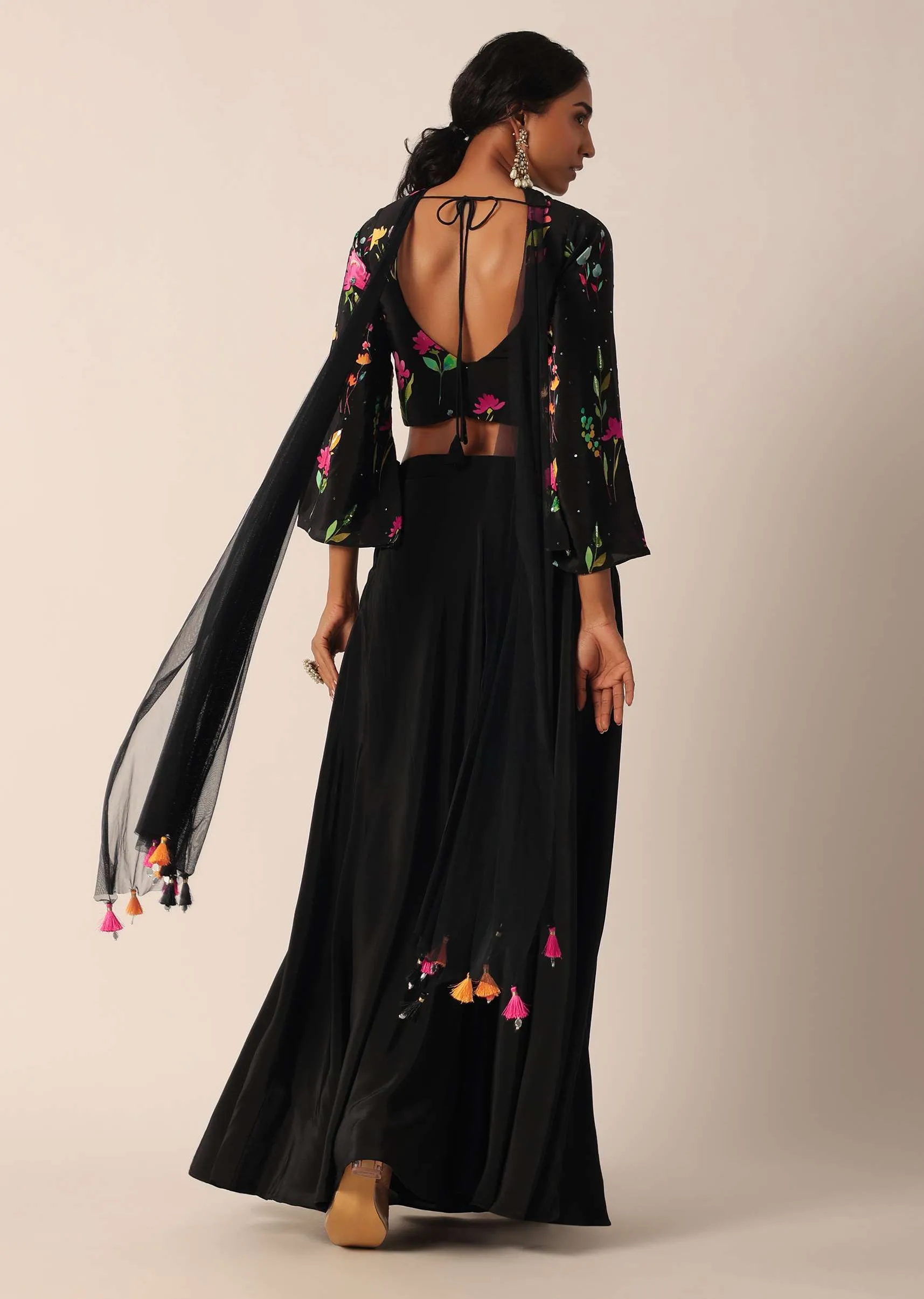 Black Indo Fusion Floral Print Blouse And Palazzo Set