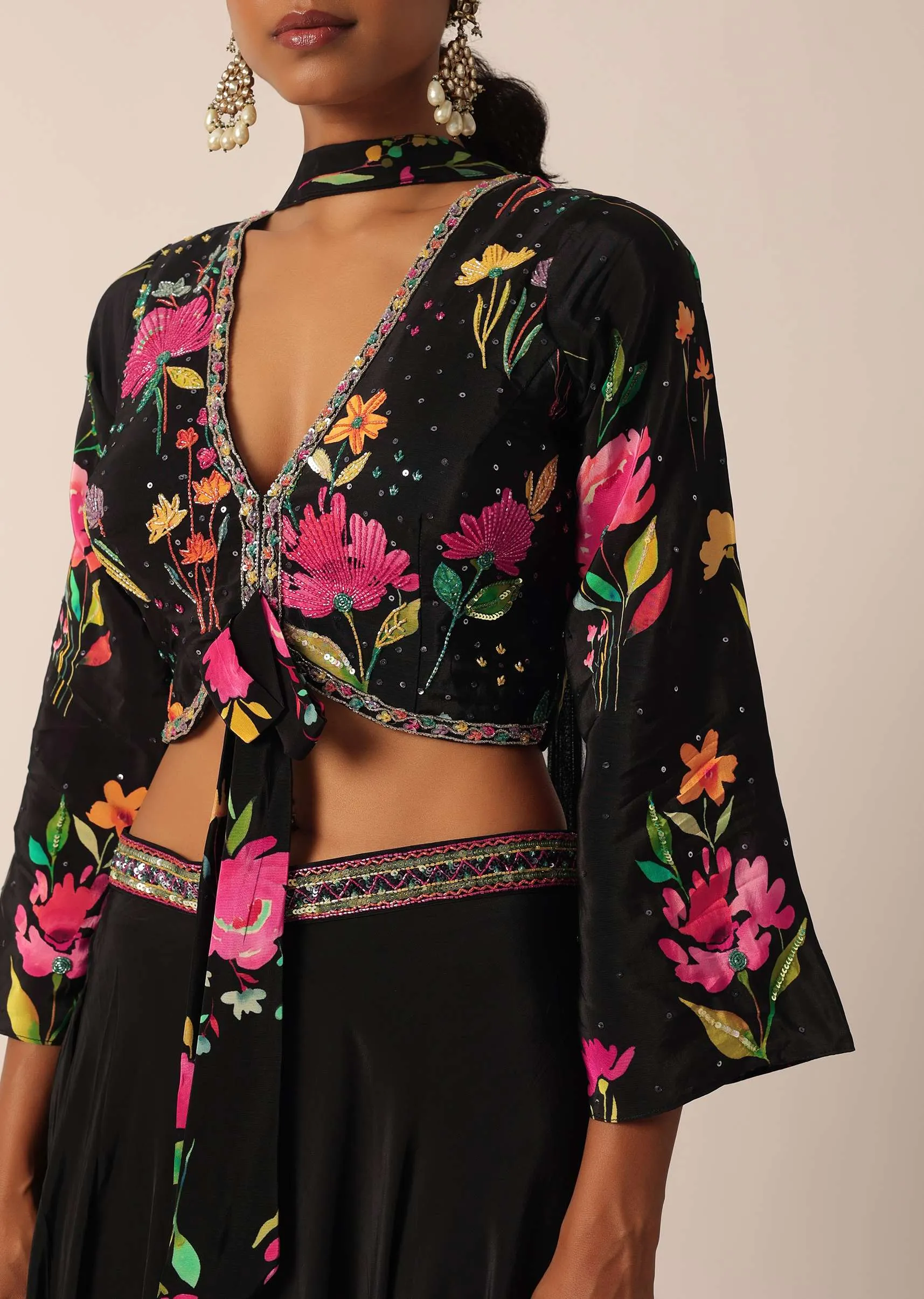 Black Indo Fusion Floral Print Blouse And Palazzo Set
