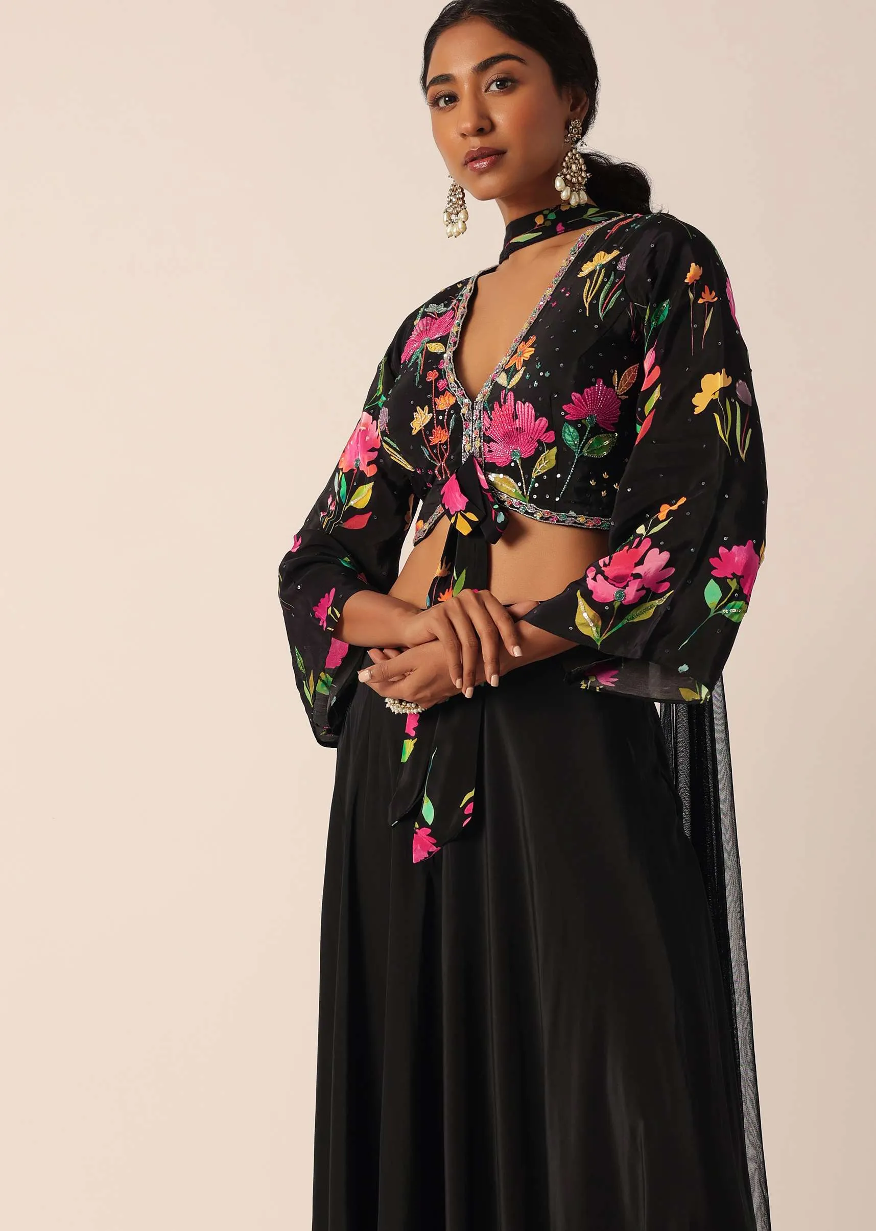 Black Indo Fusion Floral Print Blouse And Palazzo Set