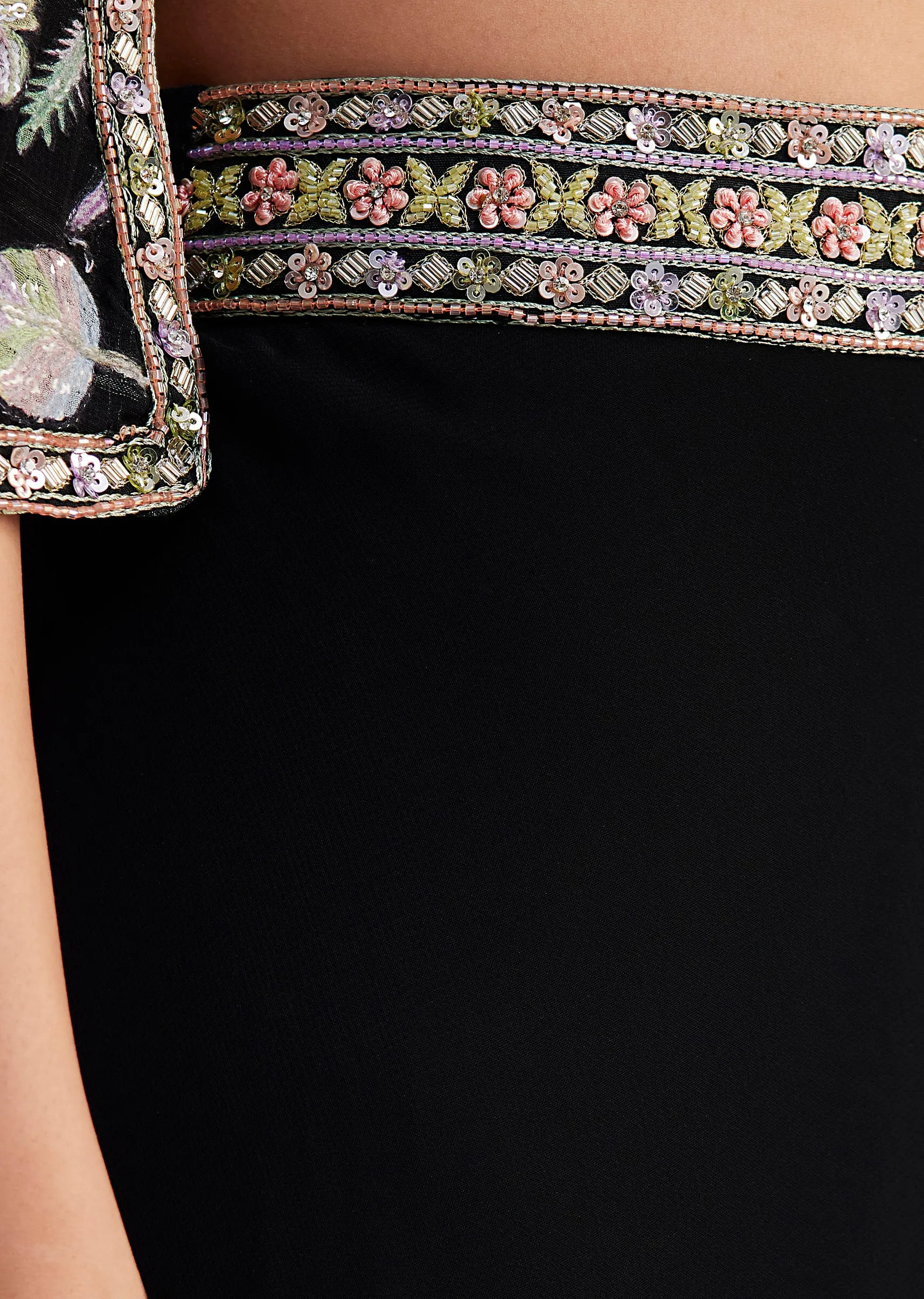 Black Sequin Patch Work Croptop Palazzo With Cape