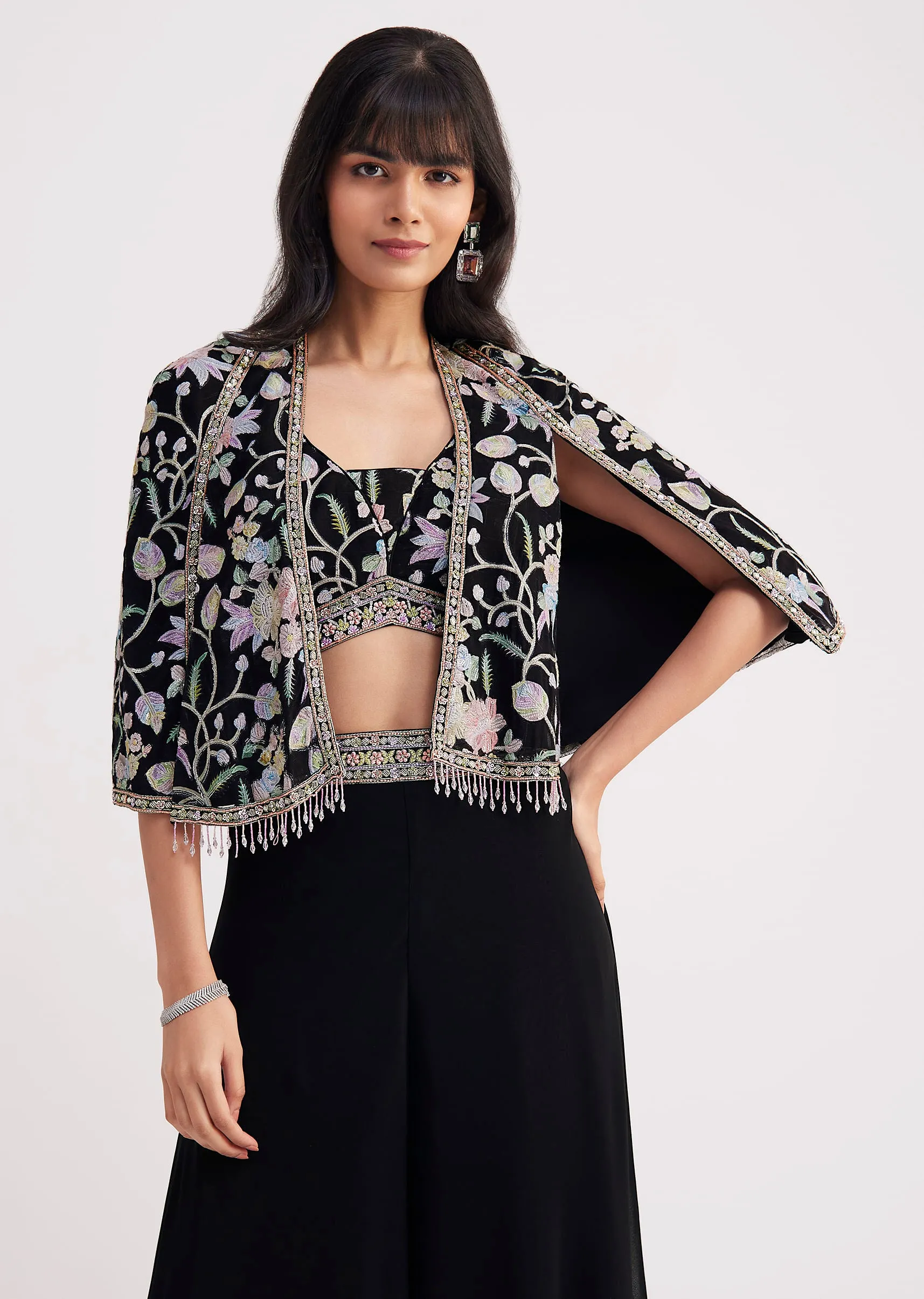 Black Sequin Patch Work Croptop Palazzo With Cape