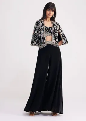 Black Sequin Patch Work Croptop Palazzo With Cape