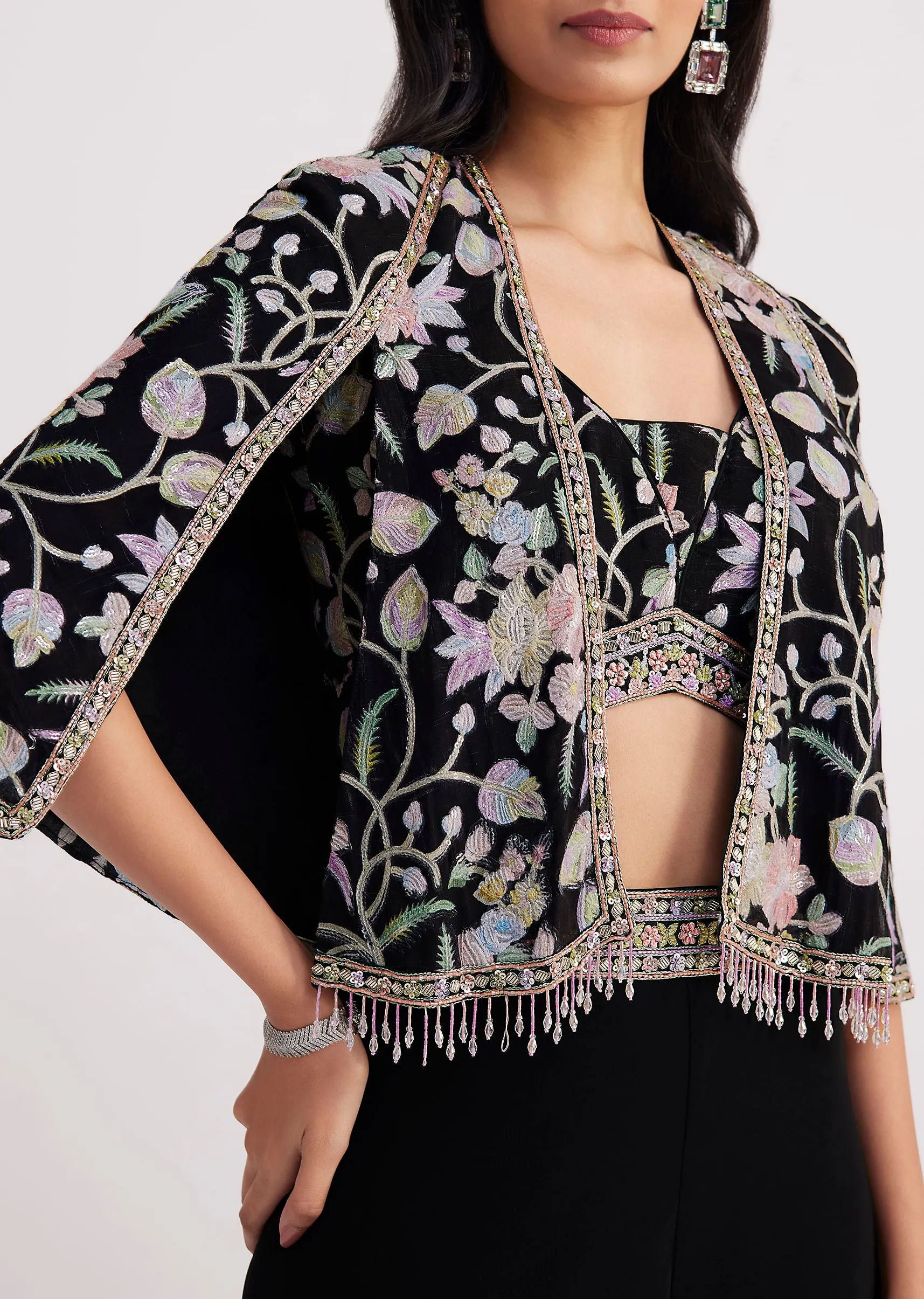 Black Sequin Patch Work Croptop Palazzo With Cape