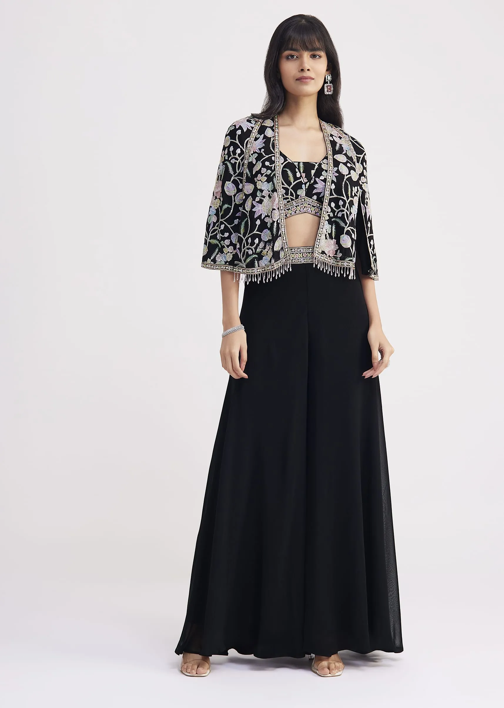 Black Sequin Patch Work Croptop Palazzo With Cape
