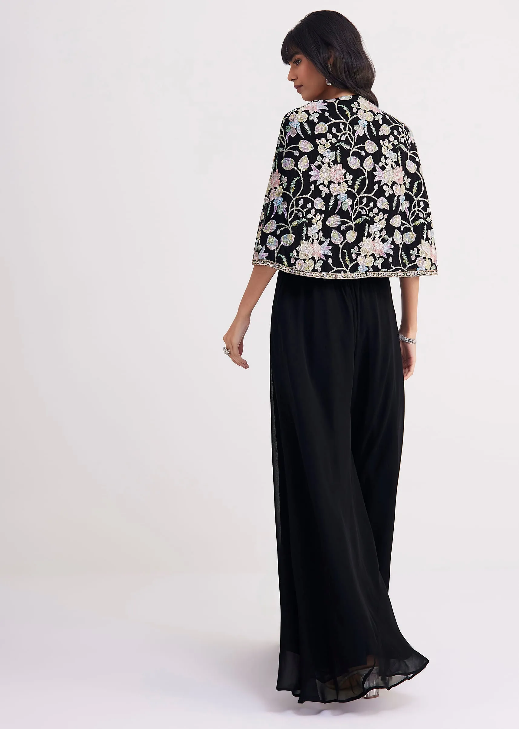 Black Sequin Patch Work Croptop Palazzo With Cape