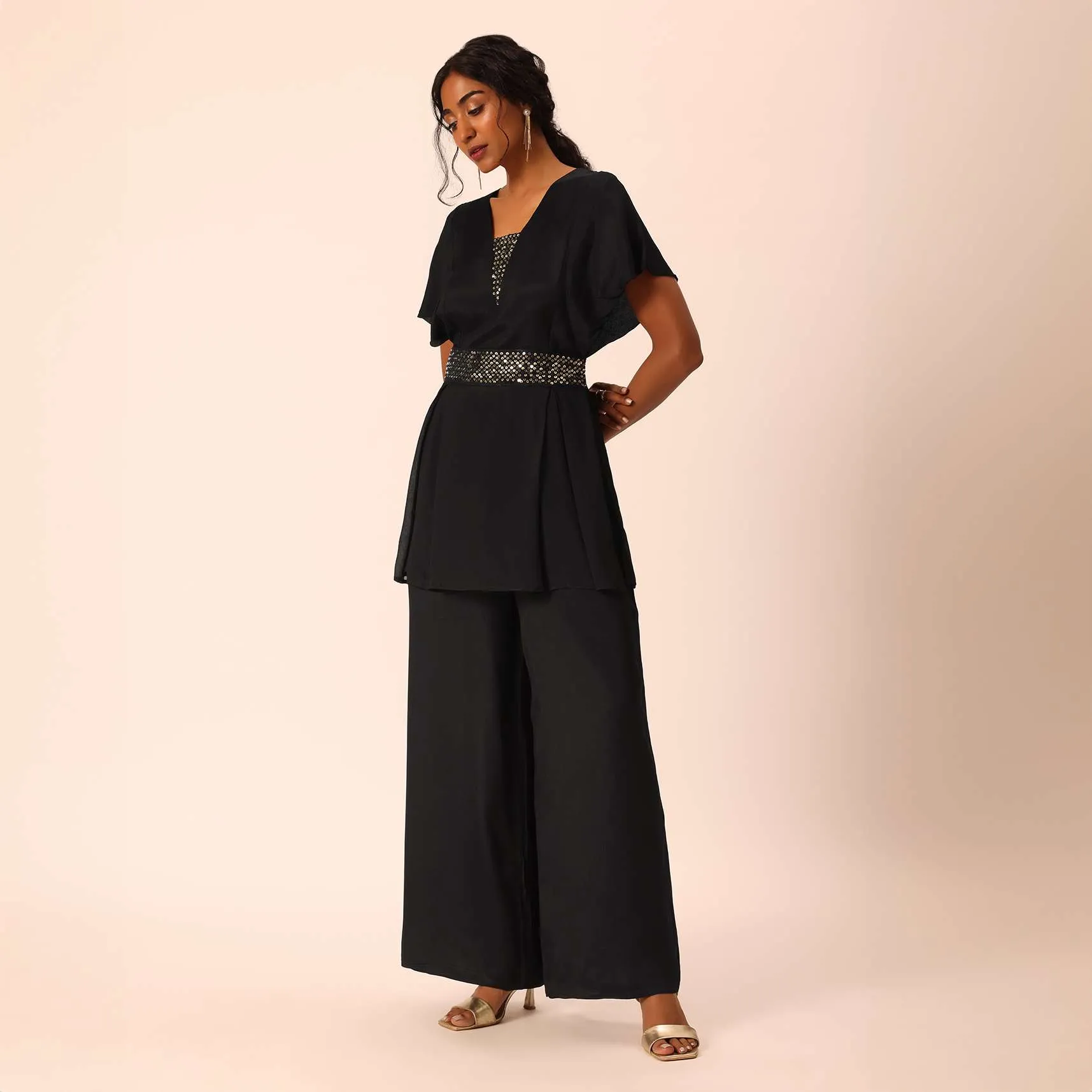 Black Short Kurta And Palazzo Set With Sequin Work