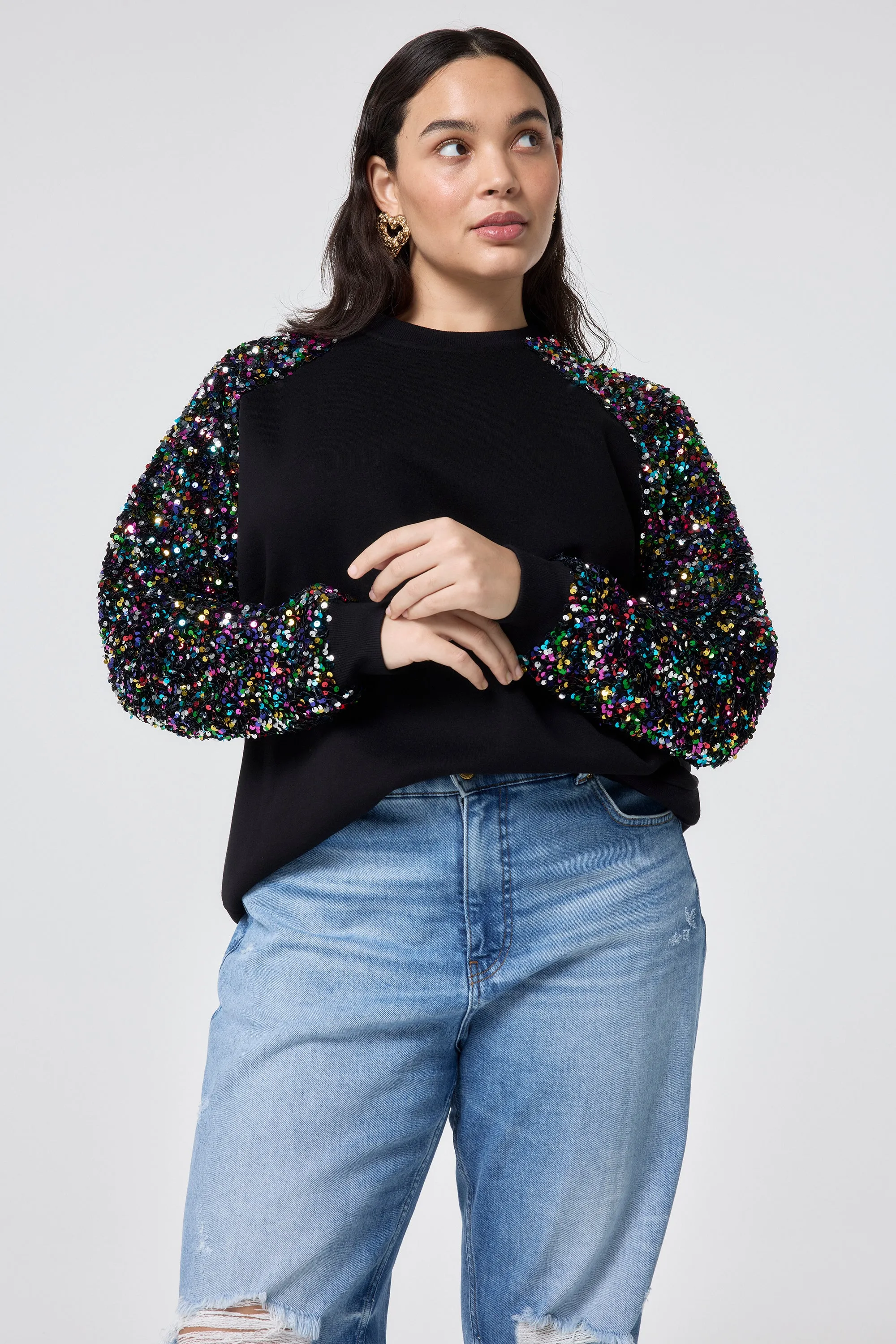 Black with Rainbow Sequin Sleeve Raglan Sweatshirt