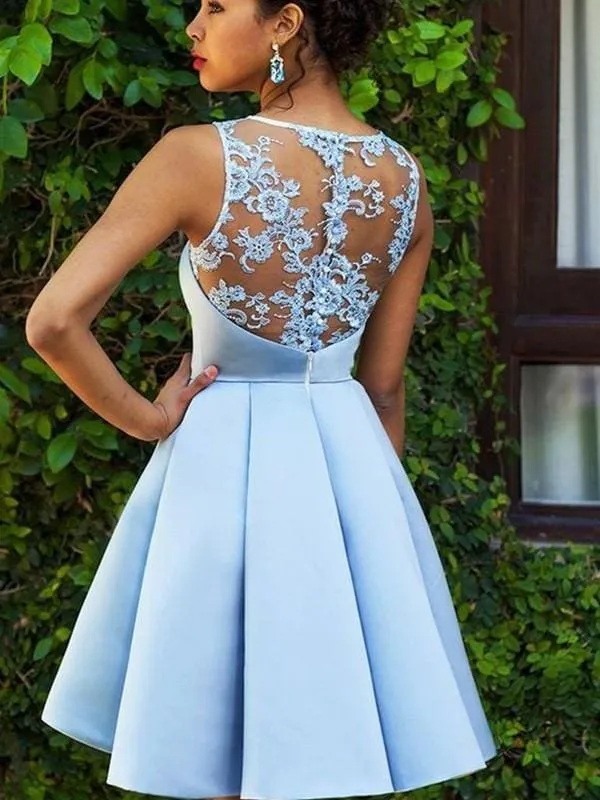 Bridelily A-Line Sleeveless Bateau Satin With Applique Short/Mini Dresses