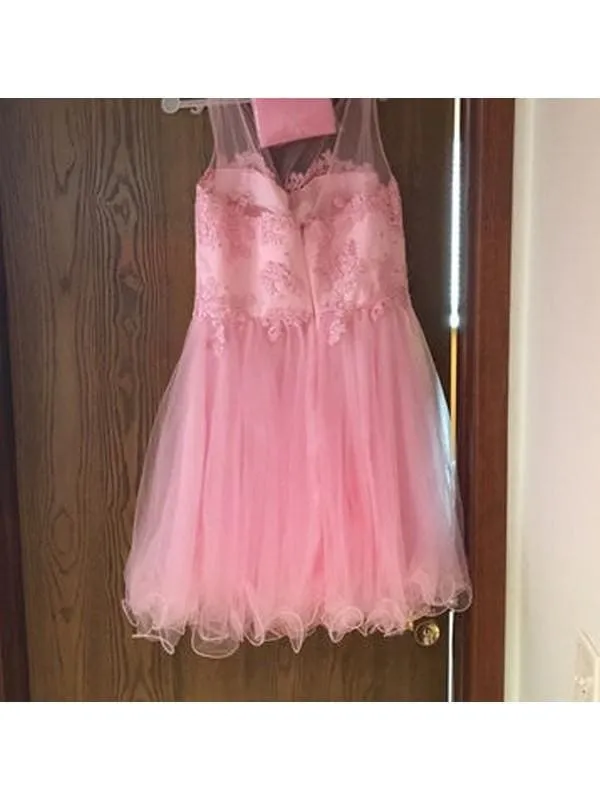 Bridelily A-Line Tulle Scoop Sleeveless Mini With Applique Prom Dresses