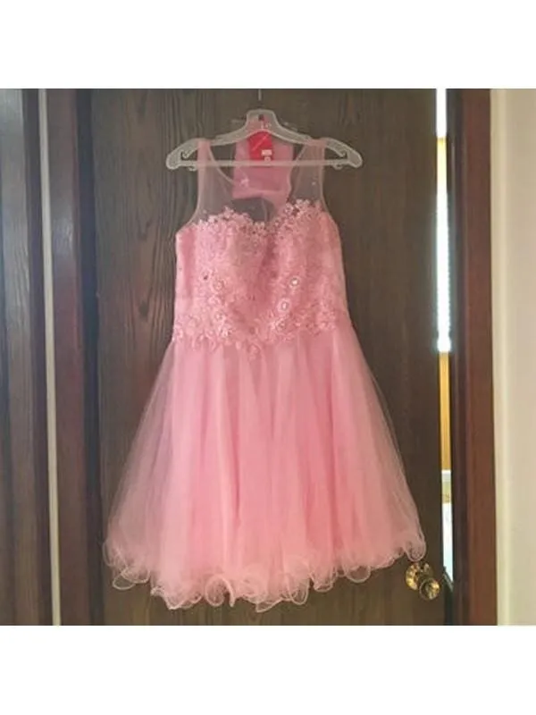 Bridelily A-Line Tulle Scoop Sleeveless Mini With Applique Prom Dresses