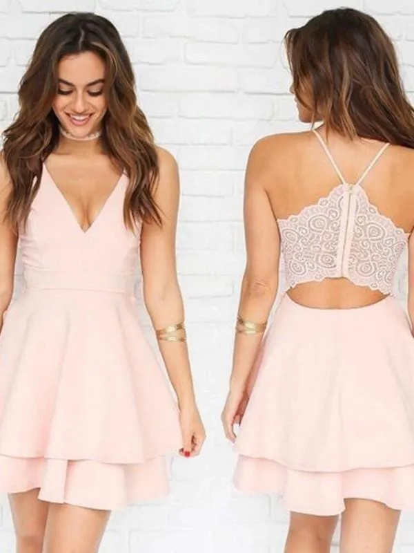 Bridelily A-Line V-neck Chiffon Sleeveless Pleats Short/Mini Dresses