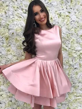 Bridelily A-Line With Ruffles Scoop Satin Sleeveless Short/Mini Prom Dresses