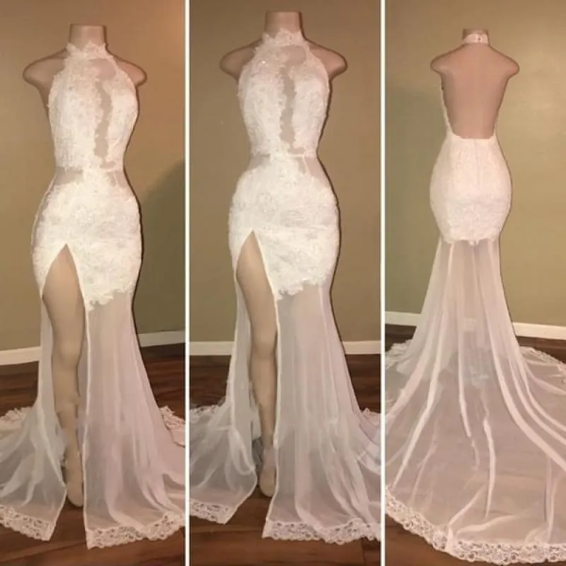 Bridelily Elegant Lace Backless Prom Dresses | High Neck Backless Mermaid Evening Gowns