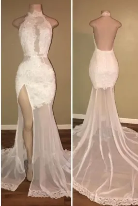 Bridelily Elegant Lace Backless Prom Dresses | High Neck Backless Mermaid Evening Gowns