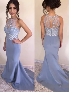Bridelily Mermaid Sleeveless Jewel Sweep/Brush Train Crystal Satin Dresses