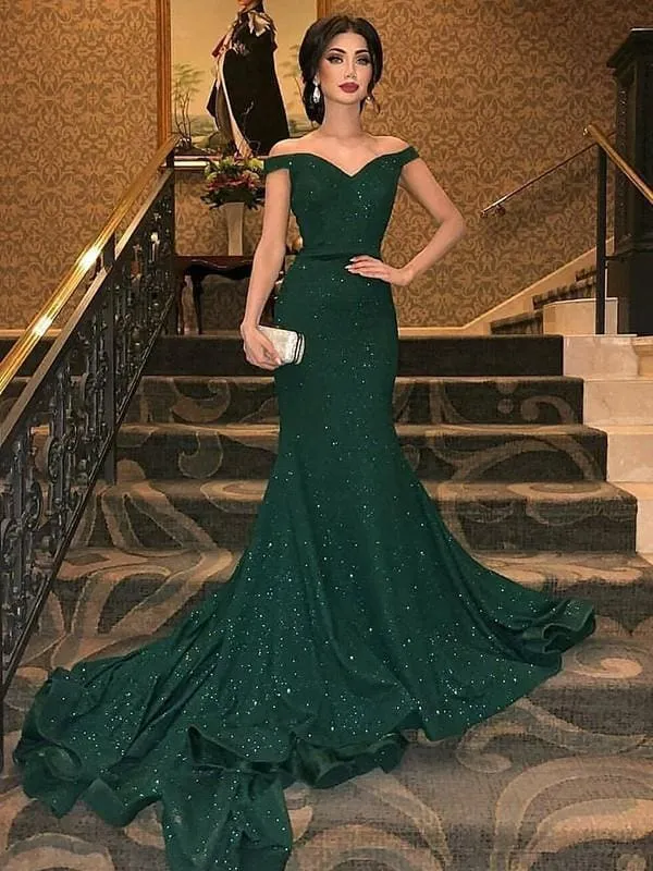 Bridelily Mermaid Sleeveless Off Shoulder  Ruffles Sequins Evening Dresses