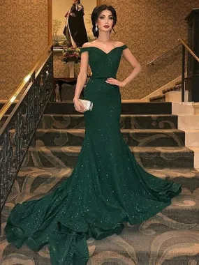 Bridelily Mermaid Sleeveless Off Shoulder  Ruffles Sequins Evening Dresses