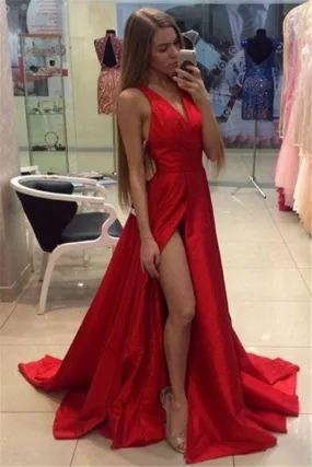 Bridelily Sexy Side Slit Prom Dresses Cheap V-neck Stretch Satin 2019 Evening Gowns CE0015