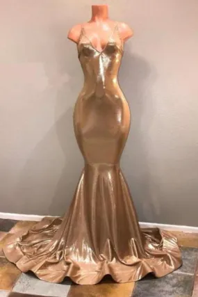 Bridelily Shiny Gold Mermaid Prom Dresses | Spaghettis Straps Backless Evening Gowns