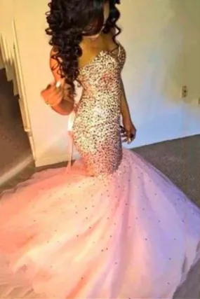 Bridelily Sweetherat Crystal Mermaid Lace-Up Evening Gown with Beadings Latstst 2019 Pink Prom Dress