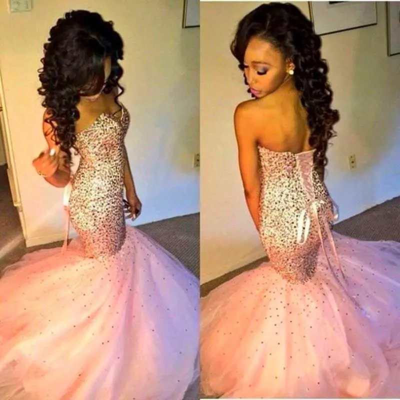 Bridelily Sweetherat Crystal Mermaid Lace-Up Evening Gown with Beadings Latstst 2019 Pink Prom Dress