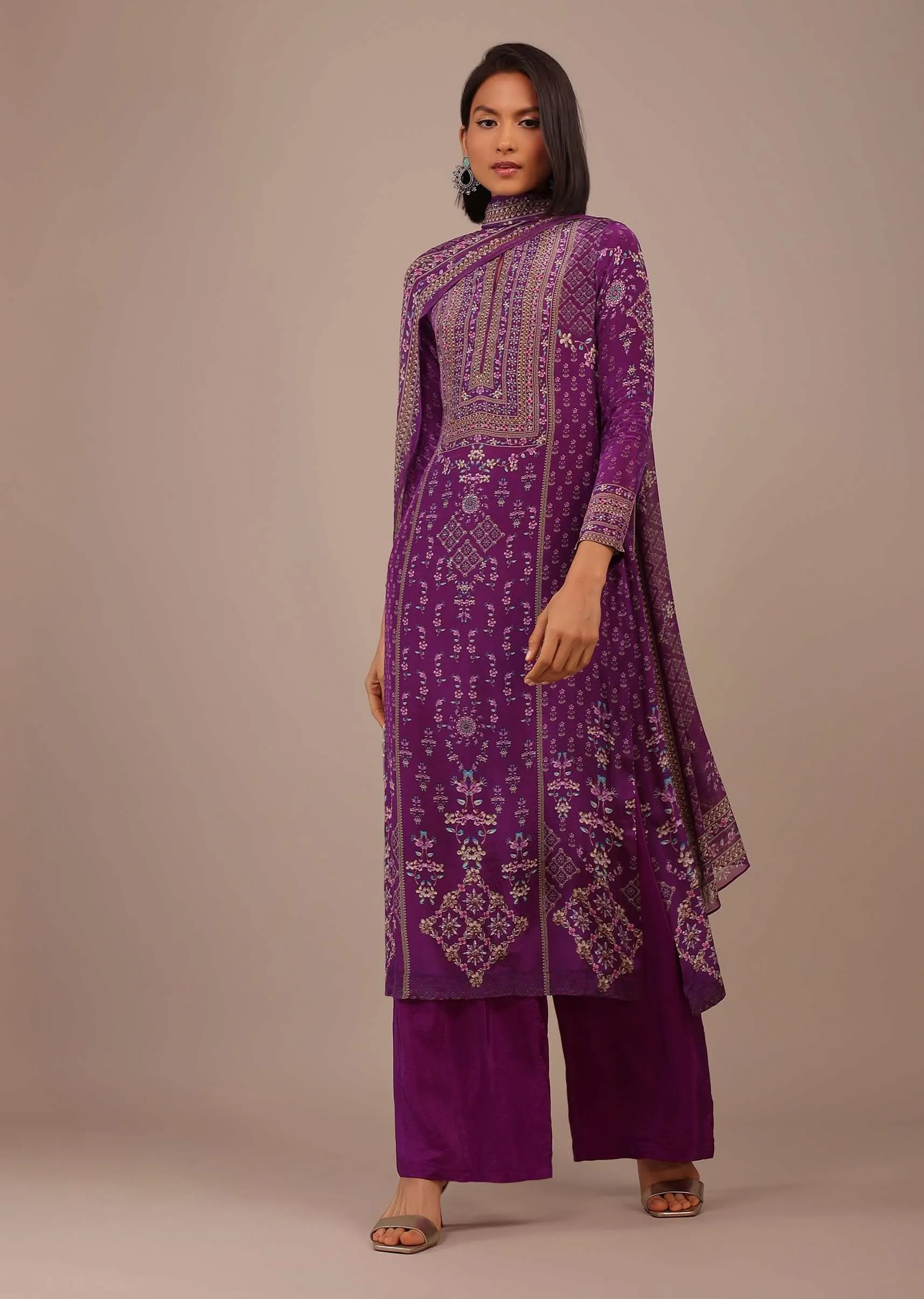 Burgundy Purple Printed Palazzo Suit With Stonework In Crepe