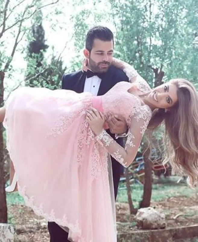 Elegant Pink Short Homecoming Dress Long Sleeves Appliques Cocktail Dresses