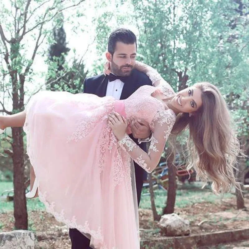 Elegant Pink Short Homecoming Dress Long Sleeves Appliques Cocktail Dresses