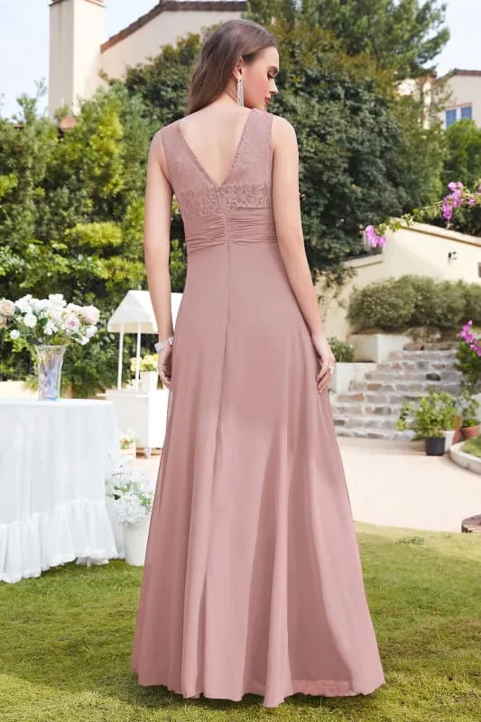 Elegant Scoop Neck Chiffon Long Evening Dress Sleeveless Floral Lace Aline Party Wear Dress