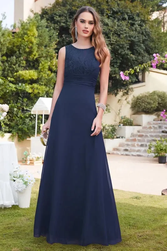 Elegant Scoop Neck Chiffon Long Evening Dress Sleeveless Floral Lace Aline Party Wear Dress
