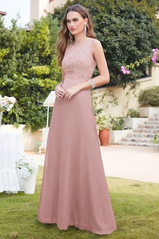 Elegant Scoop Neck Chiffon Long Evening Dress Sleeveless Floral Lace Aline Party Wear Dress