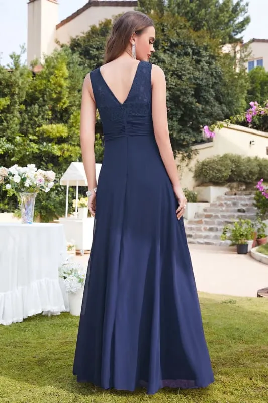 Elegant Scoop Neck Chiffon Long Evening Dress Sleeveless Floral Lace Aline Party Wear Dress