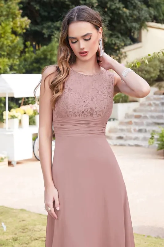 Elegant Scoop Neck Chiffon Long Evening Dress Sleeveless Floral Lace Aline Party Wear Dress