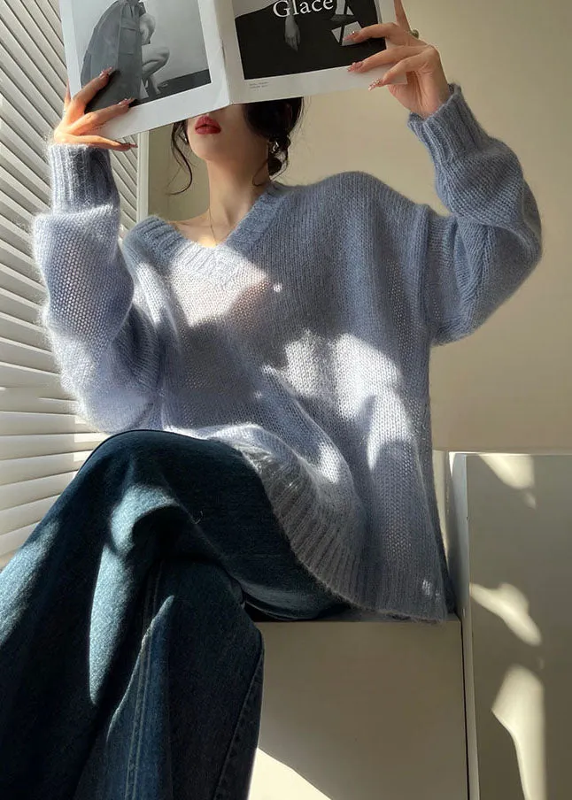Fashion Blue V Neck Hollow Out Cozy Knit Sweater Tops Spring LC0491