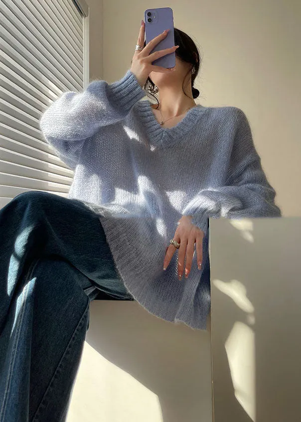 Fashion Blue V Neck Hollow Out Cozy Knit Sweater Tops Spring LC0491