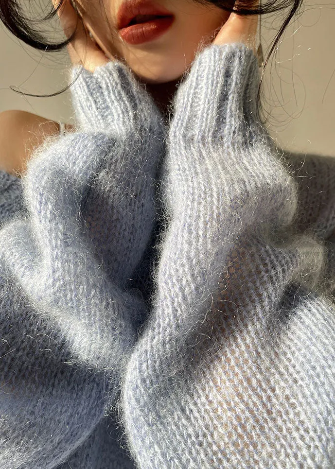 Fashion Blue V Neck Hollow Out Cozy Knit Sweater Tops Spring LC0491